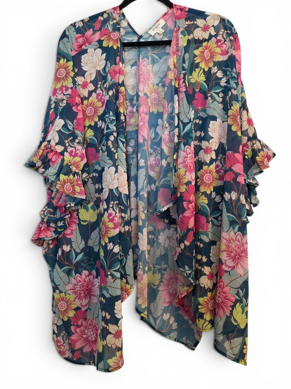 Umgee Teal Floral Sheer Open-Front Kimono with Pink & Yellow Blooms